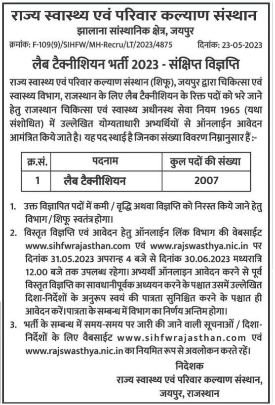 Rajasthan lab technician vacancy 2023